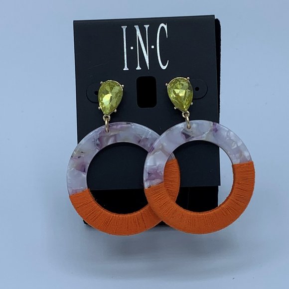 INC International Concepts Jewelry - Large Grey & Orange Dangle Hoop Earrings W/ Yellow Crystal Accent